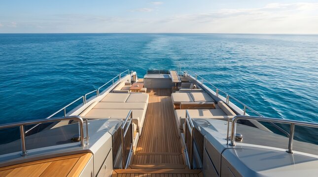 Modern luxury yacht stern deck view sailing on the open blue ocean sea