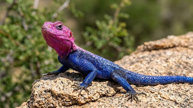 Mwanza flat-headed rock agama lizard with bright pink head and blue body