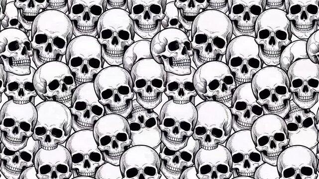 Hand drawn skulls pattern slowly moving across the frame. Black and white illustration of human skulls for Halloween. Gothic ink drawing motion background