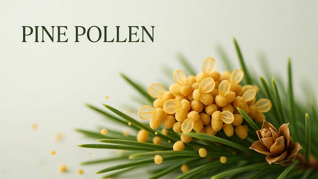 A small branch of evergreen pine tree with yellow pollen cones