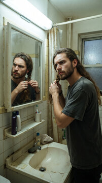 Man with long hair braiding his hair in a bathroom mirror