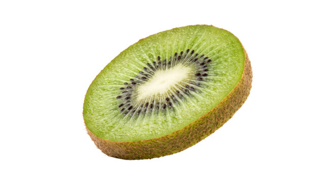 Close-up of a vibrant green kiwi fruit slice with tiny black seeds and fuzzy brown skin