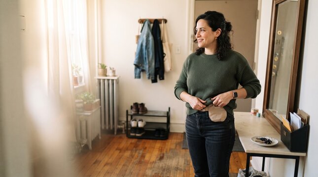 Woman adjusting her ostomy pouch while standing indoors