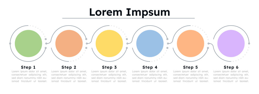 Flat colored circular empty infographic template. Horizontal flow chart layout. Vector diagram blank design with 6 steps. Editable info graphic with options. Modern data visualization
