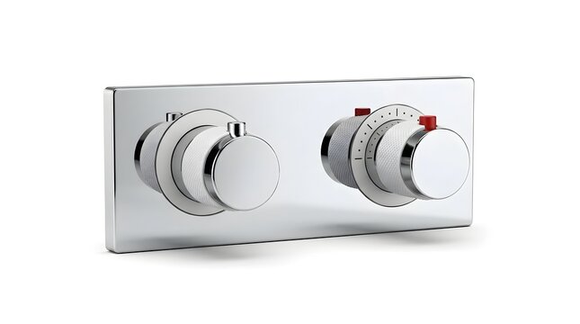 Concealed wall thermostatic shower control with knurled white dials and red temperature buttons.