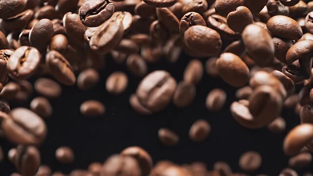Rich, aromatic coffee beans tumbling in a dynamic, close-up view