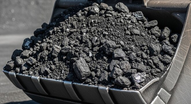 Close-up of a full excavator bucket loaded with a large pile of dark, rough coal in an industrial mining setting