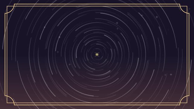 ダークパープルの夜空と星の軌跡が回転する金枠シームレスループ背景