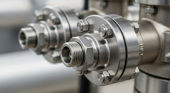 Close-up of a threaded industrial fuel transfer pipe connection with bolts and flanges