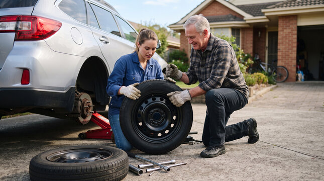 Father and daughter changing a car tire together outside their home
