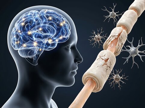 3d illustration of human brain and damaged myelin sheath on nerve fibers representing multiple sclerosis or neurological disease