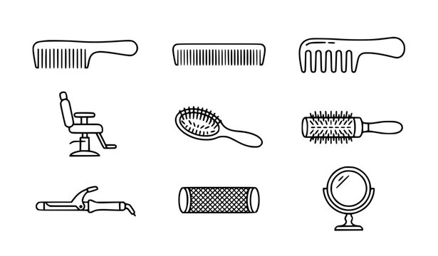 Minimal comb hair brush barber chair curler black line vector icon set