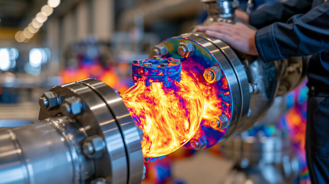 Extreme close-up of a thermal camera screen showing industrial valves and pipelines in detailed infrared colors, one valve glowing intensely to indicate overheating, visible temperature gradient acr