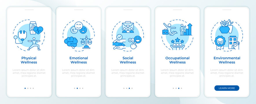 Employee wellness dimensions onboarding mobile app screen. Care about worker health. Workplace management strategy. UI UX walkthrough 5 steps editable graphic instructions with linear concepts