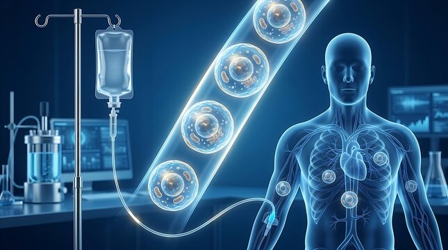 Intravenous stem cell therapy infusion for regenerative medicine and biological treatment in a clinical laboratory setting