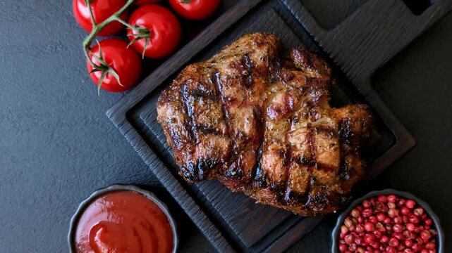 Grilled beef or pork steak seasoned with salt and allspice. Grilled steak as a food background for your design