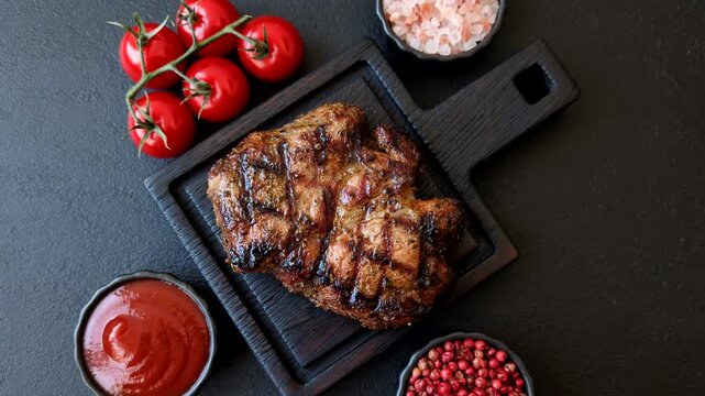 Grilled beef or pork steak seasoned with salt and allspice. Grilled steak as a food background for your design