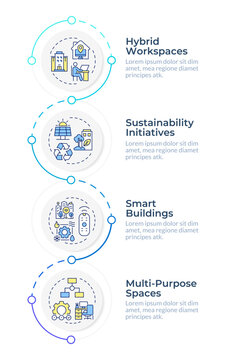 Trends in space management infographic vertical sequence. Employee wellness support. Workplace maintenance strategy. Visualization infochart with 4 steps. Circles workflow