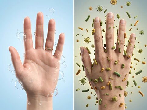 Comparison of clean hand with soap bubbles and dirty hand covered with bacteria and viruses, conceptual hygiene and health illustration