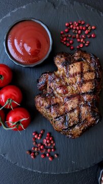 Grilled beef or pork steak seasoned with salt and allspice. Grilled steak as a food background for your design