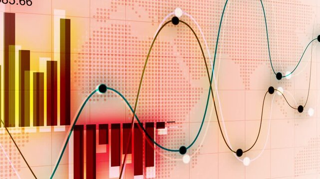 Financial data screen with bar charts and line graphs over a world map background animation
