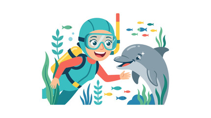 Fototapeta premium A happy cartoon diver in a wetsuit and mask interacts playfully with a friendly dolphin underwater amidst colorful fish and marine plants.