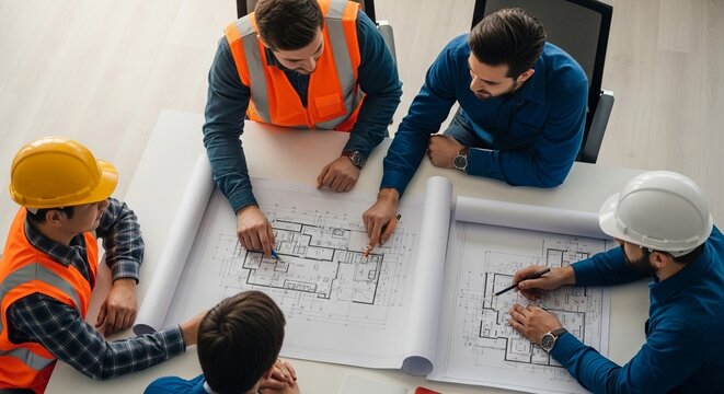 Engineers collaboratively review construction blueprints and floor plans during a project planning meeting.