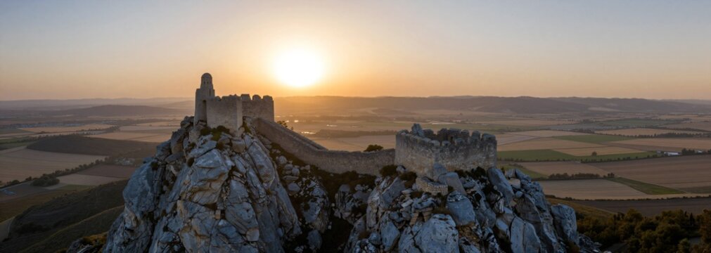 Ancient Castle Wall and Stone Fortress on Mountain Ridge at Sunset with Farmland View