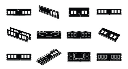 Fototapeta premium Computer ram memory black glyph icons set isolated on transparent background pc hardware part.