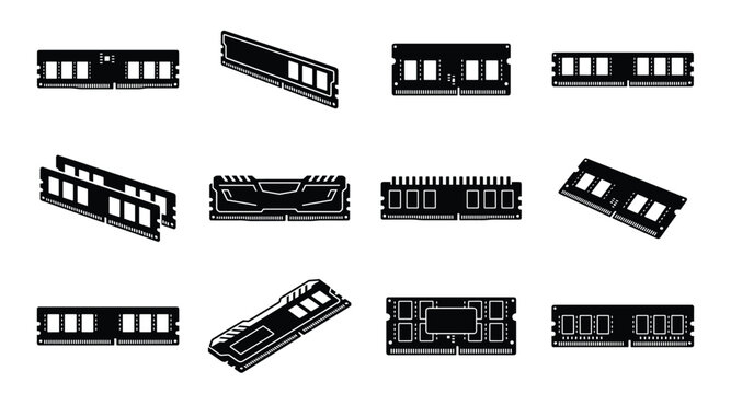Computer ram memory black glyph icons set isolated on transparent background pc hardware part.