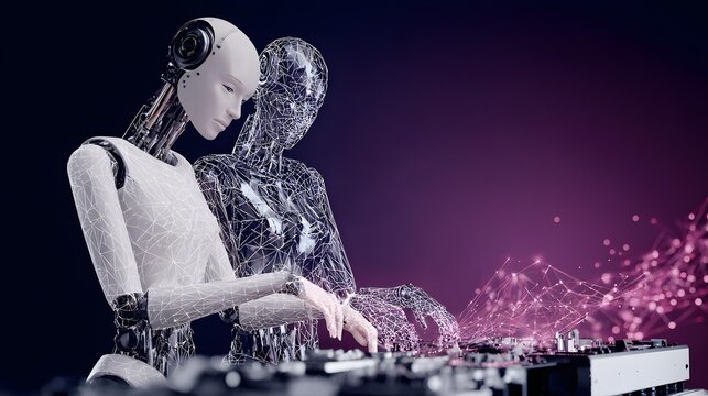 laboratory designing advanced humanoid machines beneath luminous holographic design schematics