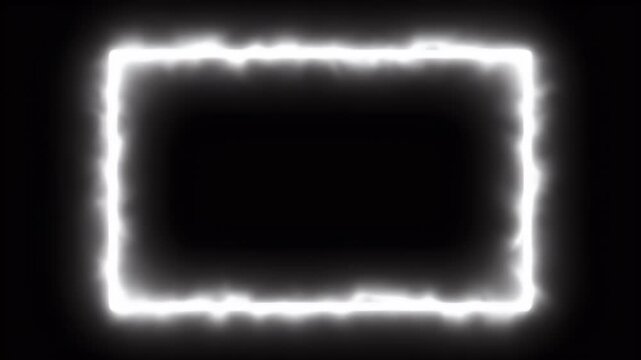 Neon rectangle outline glows with energetic, fuzzy white light on black background