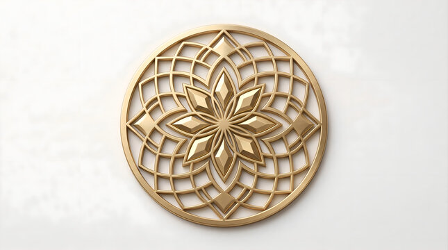 Luxurious geometric floral mandala featuring symmetrical layered petals and intricate interlocking patterns within a circular frame. Elegant golden three-dimensional relief design with metallic detail