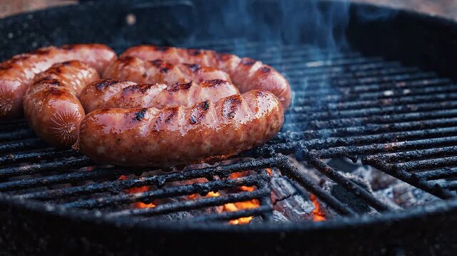 Grilled Sausages Cooking Barbecue Grill Sizzling Flames Smoke Outdoor BBQ Party Meat Food Cooking Stock Motion Graphics