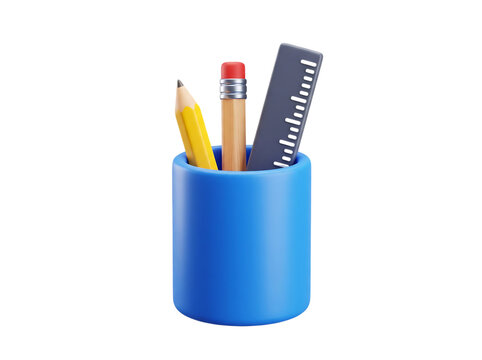 3d render of a blue pencil holder with stationery isolated on transparent background