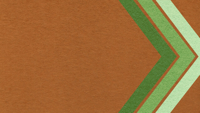 Copper paper texture background with green, olive chevron corner stripes and copy space for banner, presentation, template