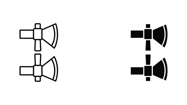 Pair of crossed axes icon in minimalist outline and solid black style for camping and forestry
