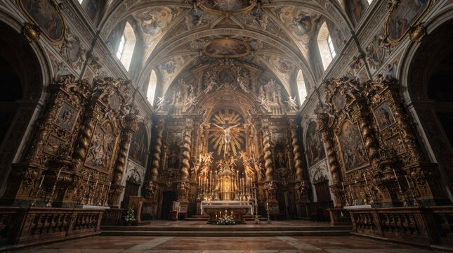 Gilded Grandeur: An ornate, gilded altar and religious iconography fill the majestic interior of a historic church.