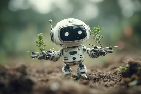 Cute small robot holding two drone helpers with green plant sprouts in a soil field. Concept of smart agriculture, future farming, eco technology, artificial intelligence, and nature protection