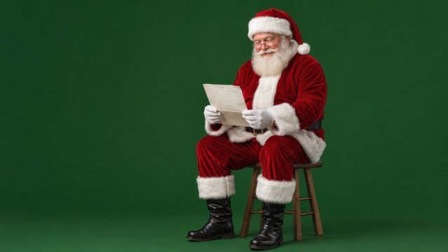 Santa reading a letter on a green studio background