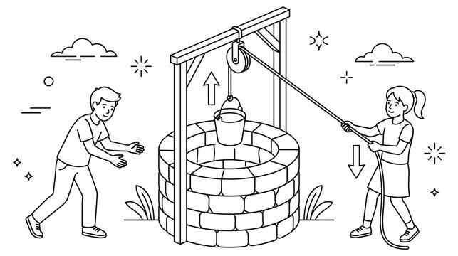 Children pulling bucket from traditional stone well with pulley mechanism line art vector.
