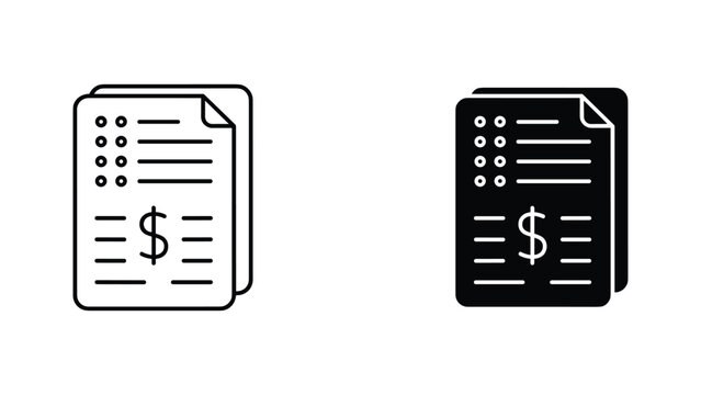 Professional stack of financial documents icon set in outline and solid black vector graphic style