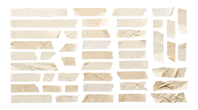 Assortment of aging adhesive paper tape strips for design.