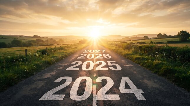 Road leading into the bright sunset with years painted on the asphalt for new year concept