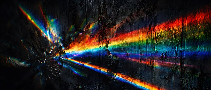 Macro close up of abstract dark grunge wall texture with vibrant rainbow light prism refraction laser beams, premium quantum optics and elite corporate identity background with copy space