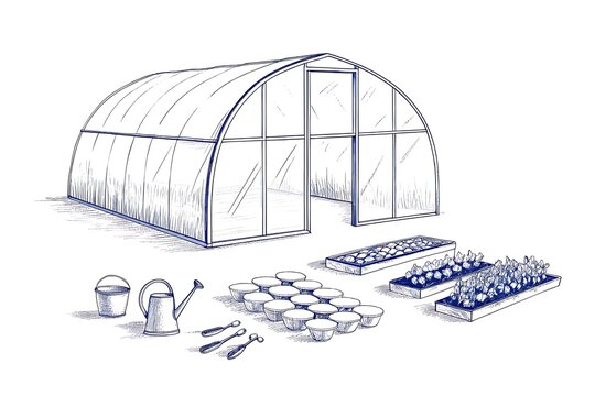 Modern greenhouse with gardening tools and seedling trays illustration