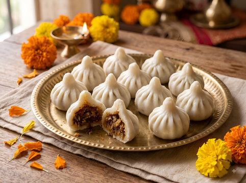 Fresh traditional steamed modaks arranged on a brass plate with coconut and jaggery filling, a popular Indian festive sweet associated with Lord Ganesha and Ganesh Chaturthi.