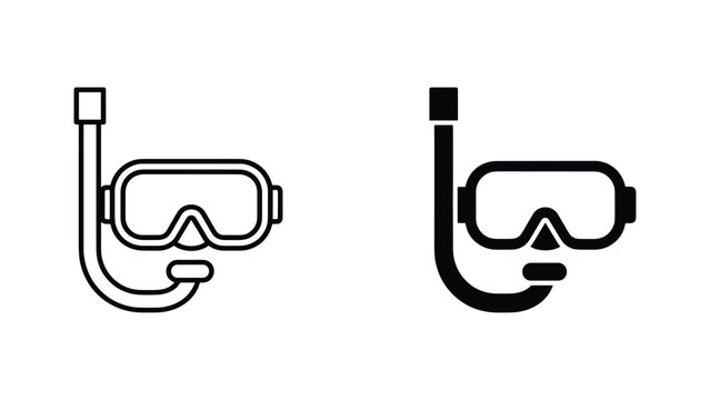 Professional diving mask and snorkel equipment icon set in outline and solid black vector style