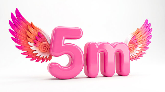 Pink 3D 5 Million Milestone with Angel Wings &ndash; Social Media Achievement Celebration Isolated on White Background