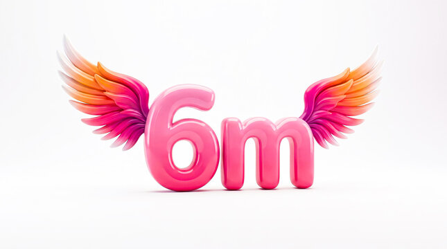 Glossy Pink 6m Text with Colorful Angel Wings 3D Render Isolated on White Background